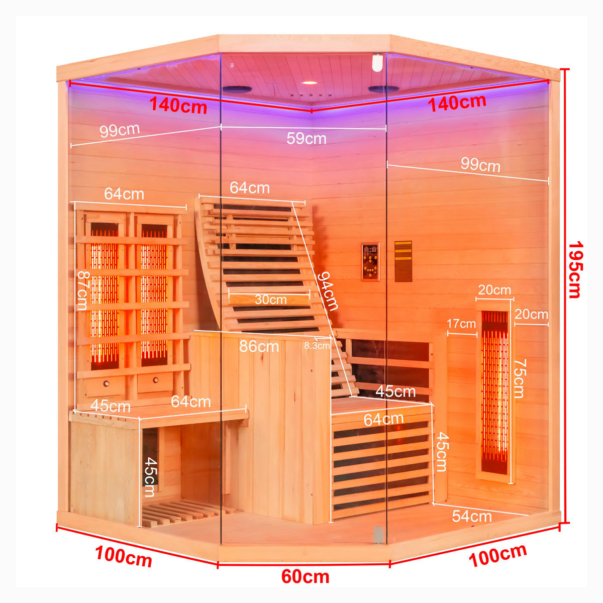 INFRAROTKABINE für 2 Personen Carbon 3  - Naturfarben, KONVENTIONELL, Holz (150/150/195cm) - Sanotechnik
