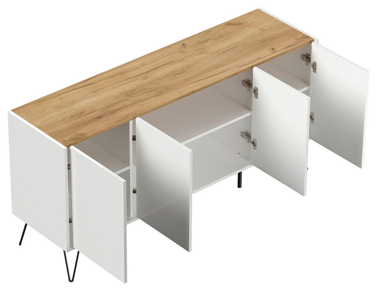 SIDEBOARD Posseik Industrial 155/75,8/42 cm  - Weiß Hochglanz/Eichefarben, Design, Holzwerkstoff/Metall (155/75,8/42cm) - MID.YOU