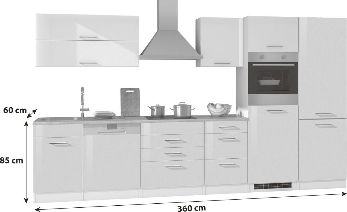 KÜCHENBLOCK 360 cm   in Weiß, Weiß Hochglanz  - Chromfarben/Eichefarben, MODERN, Holzwerkstoff/Metall (360cm) - Held
