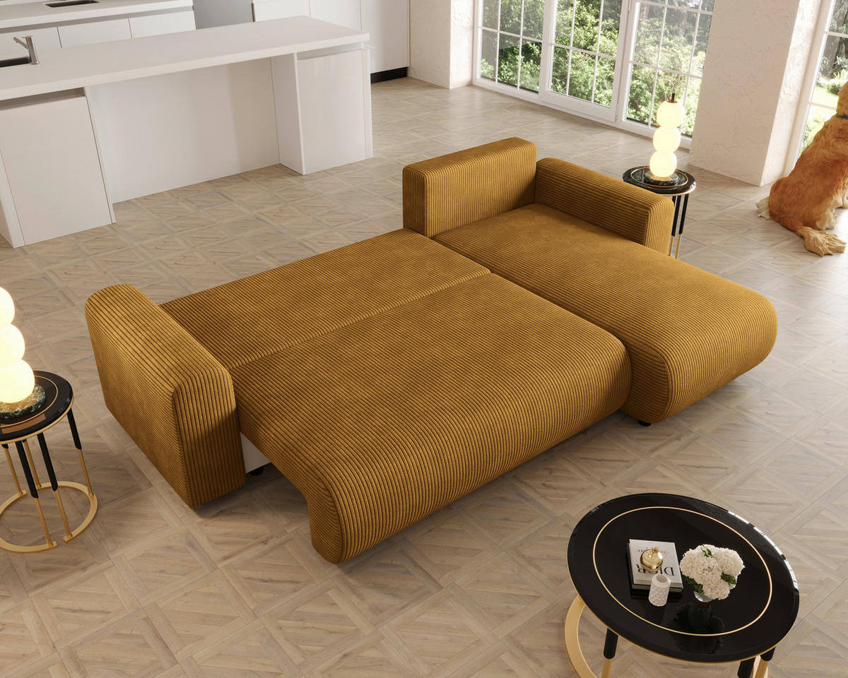 ECKSOFA Senfgelb Cord Zierkissen, Rückenkissen, Schlaffunktion, Rücken echt, Stauraum, Liegefläche im Originalstoff  - Senfgelb/Schwarz, KONVENTIONELL, Kunststoff/Textil (246/152cm) - Xora