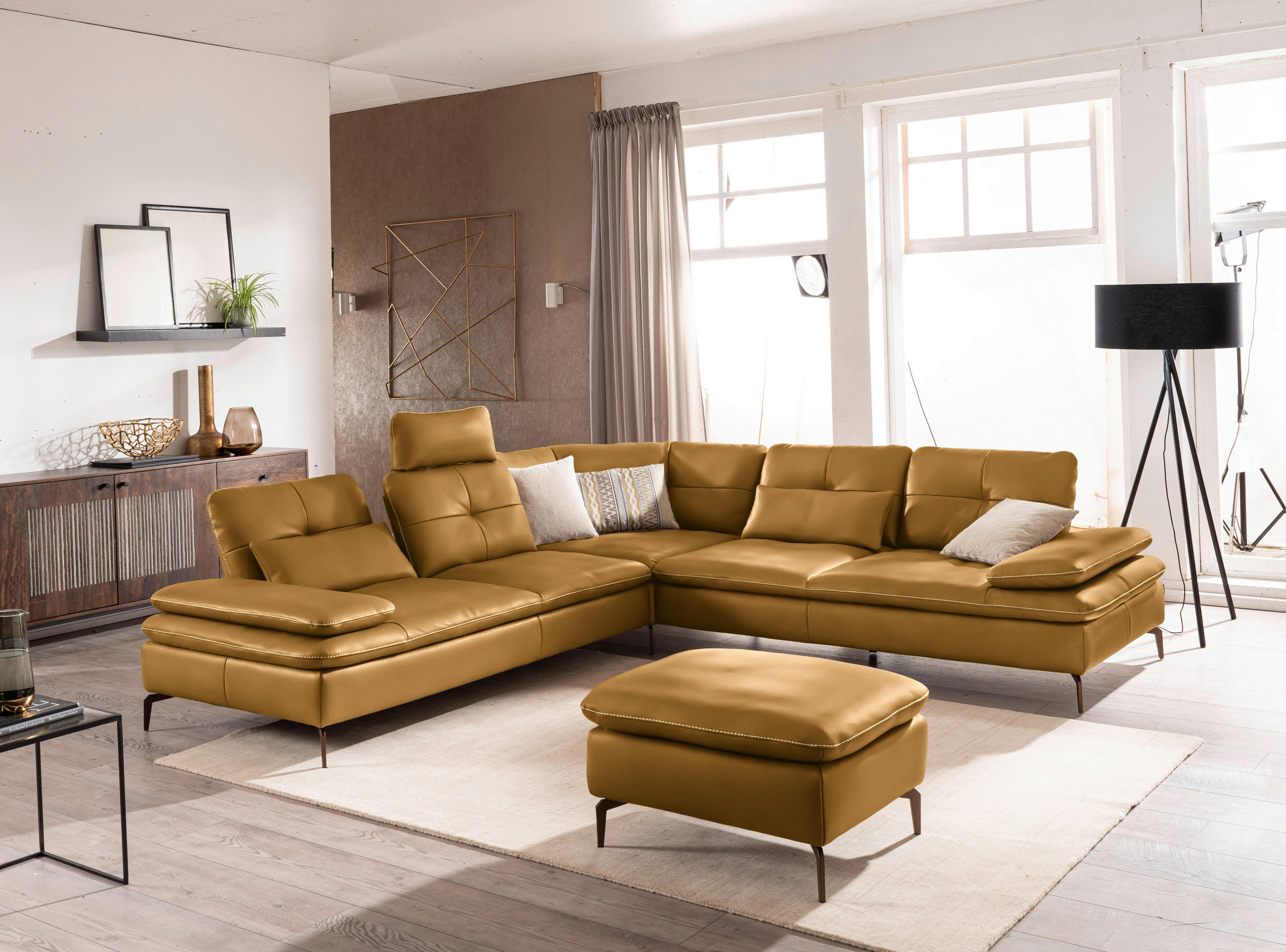 ECKSOFA in Echtleder Currygelb  - Currygelb/Beige, Design, Leder/Metall (298/298cm) - Chilliano