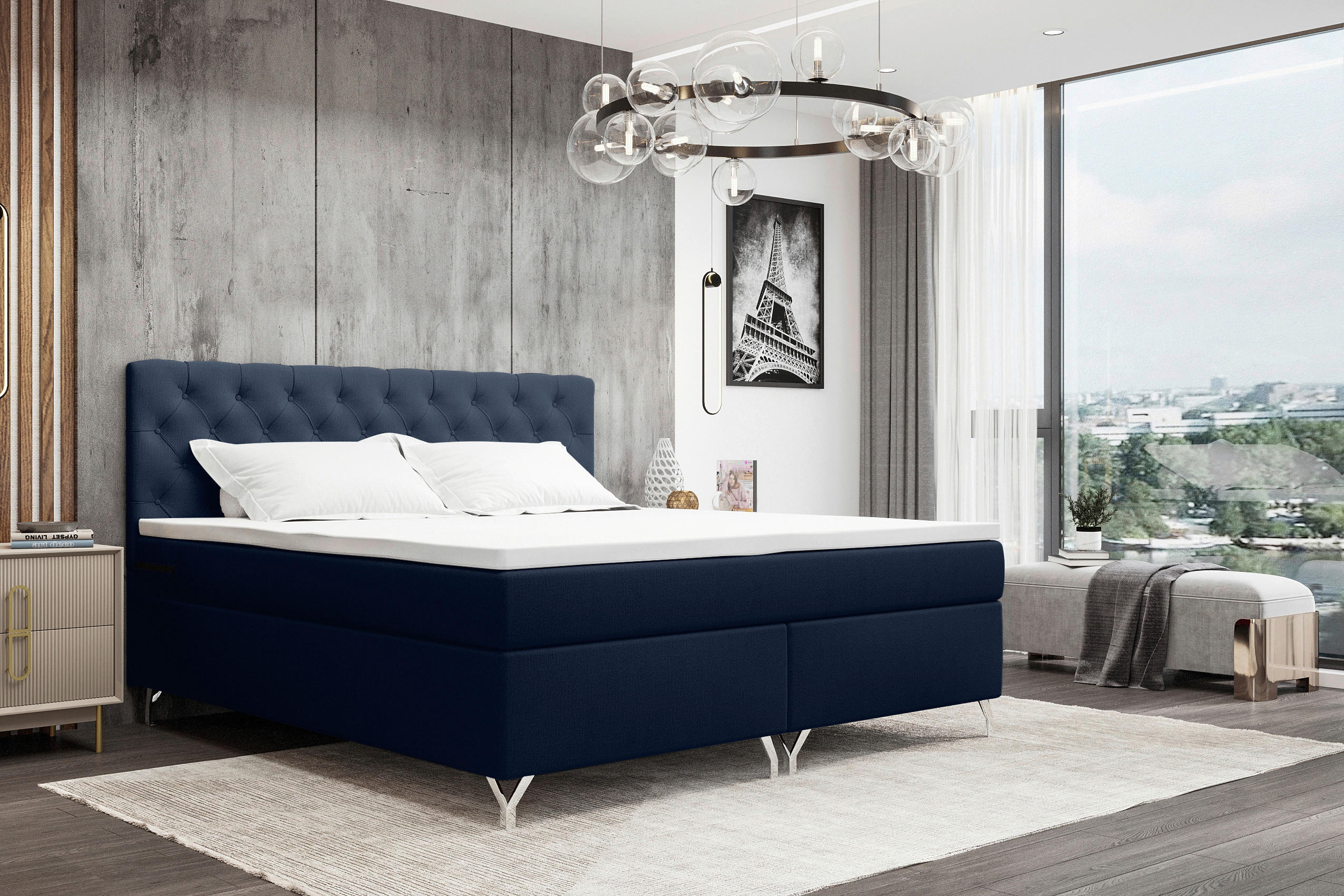 BOXSPRINGBETT 160/200 cm  in Dunkelblau  - Chromfarben/Dunkelblau, KONVENTIONELL, Textil/Metall (160/200cm) - Boxxx