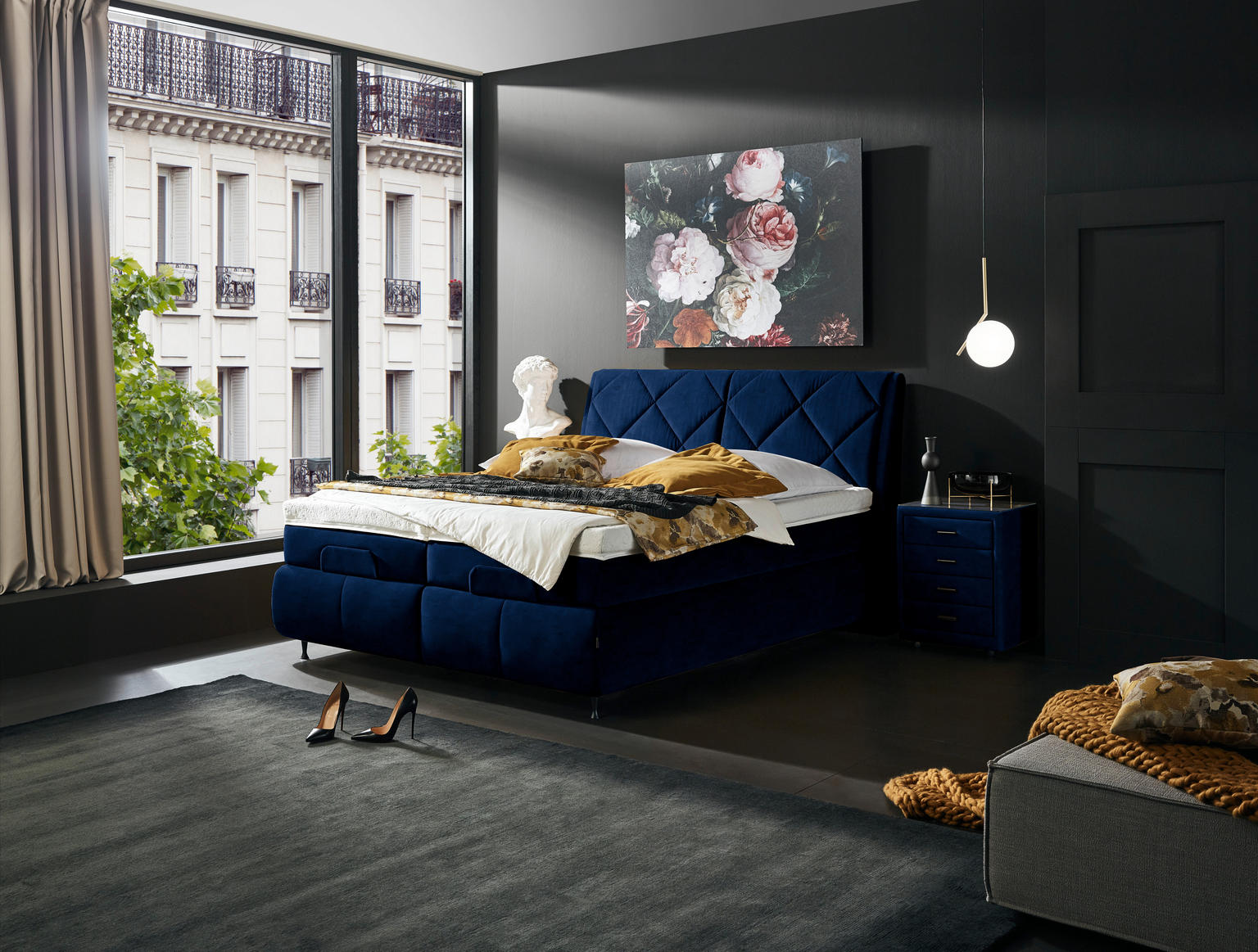 BOXSPRINGBETT 180/200 cm in Dunkelblau - Einrichtungsbeispiel