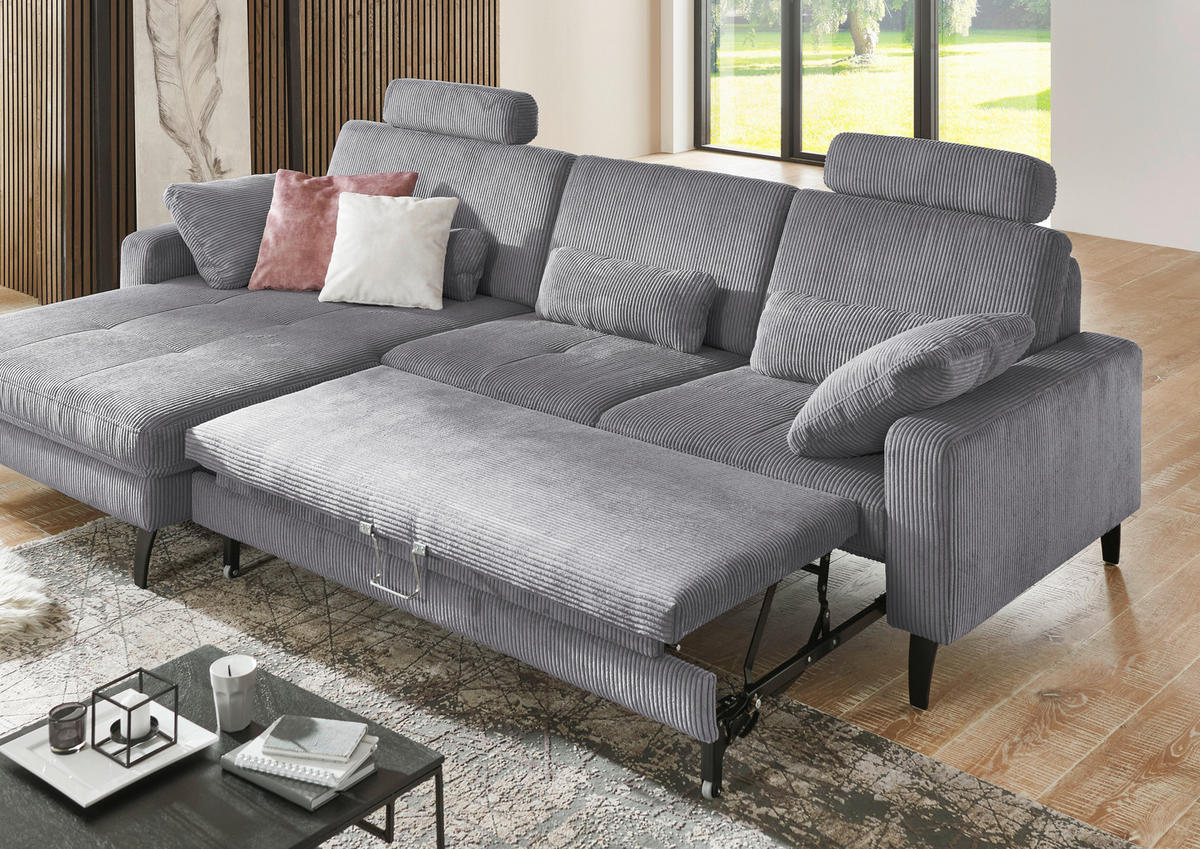 ECKSOFA in Cord Anthrazit  - Anthrazit/Schwarz, Modern, Textil/Metall (177/302cm) - Beldomo Style