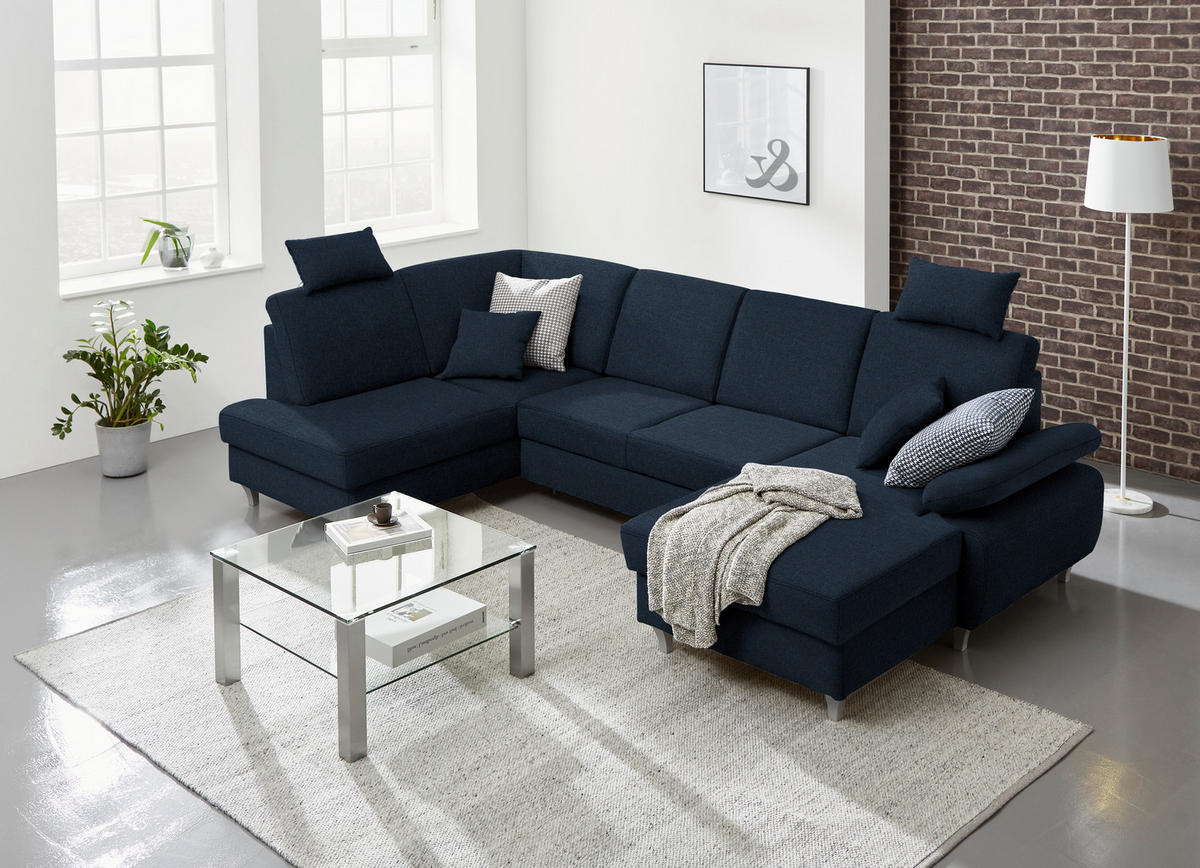 WOHNLANDSCHAFT in Webstoff Dunkelblau  - Silberfarben/Dunkelblau, Konventionell, Holz/Textil (186/322/167cm) - Cantus