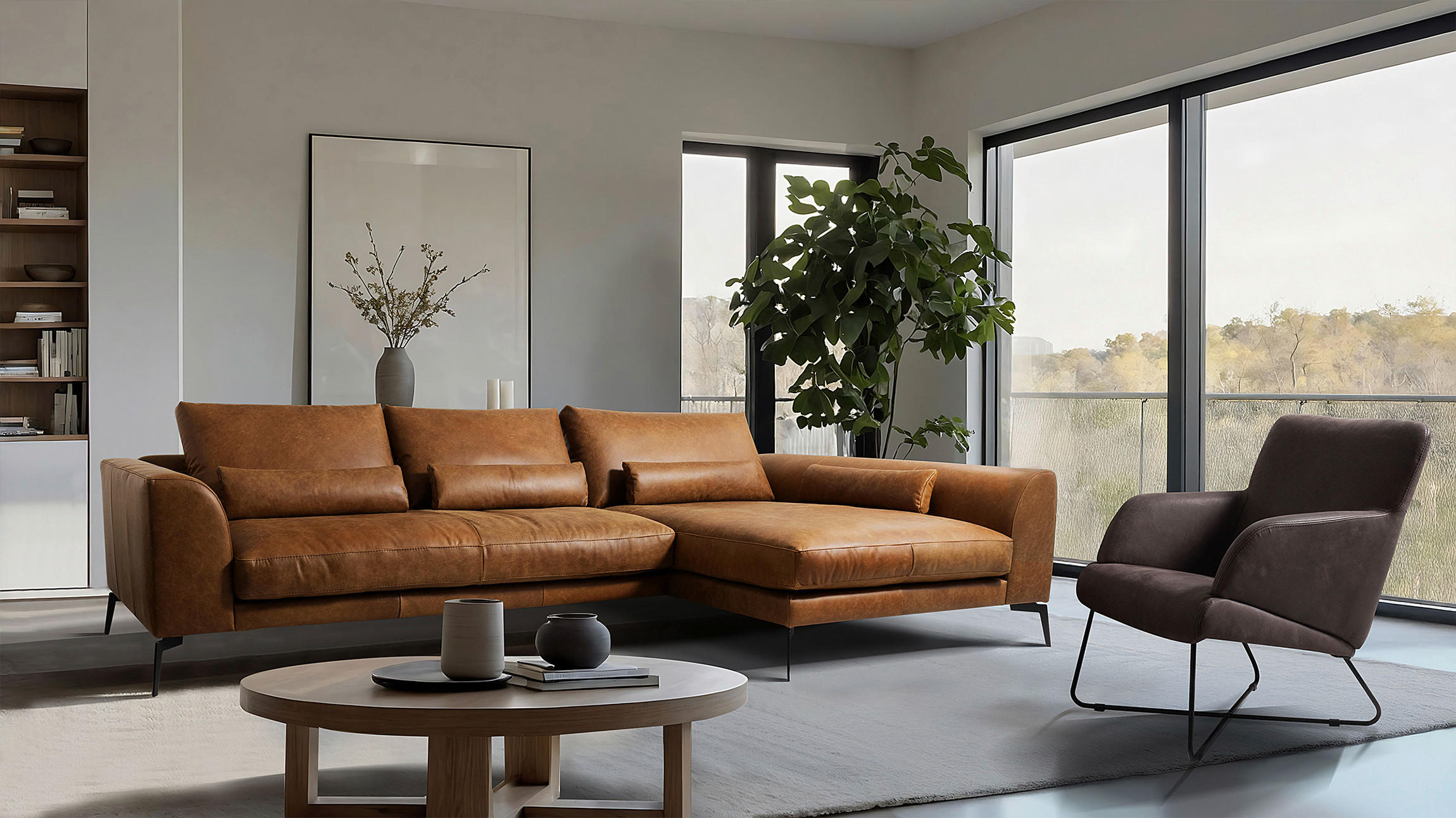 ECKSOFA Cognac Echtleder  - Cognac/Schwarz, Design, Leder/Metall (313/172cm) - Livetastic