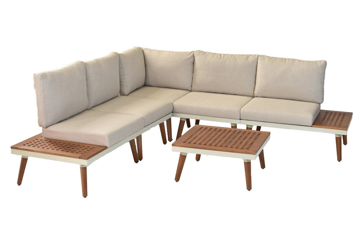 LOUNGEGARNITUR   Akazie Hartholz Aluminium  - Beige/Weiß, KONVENTIONELL, Holz/Textil - Gardenson