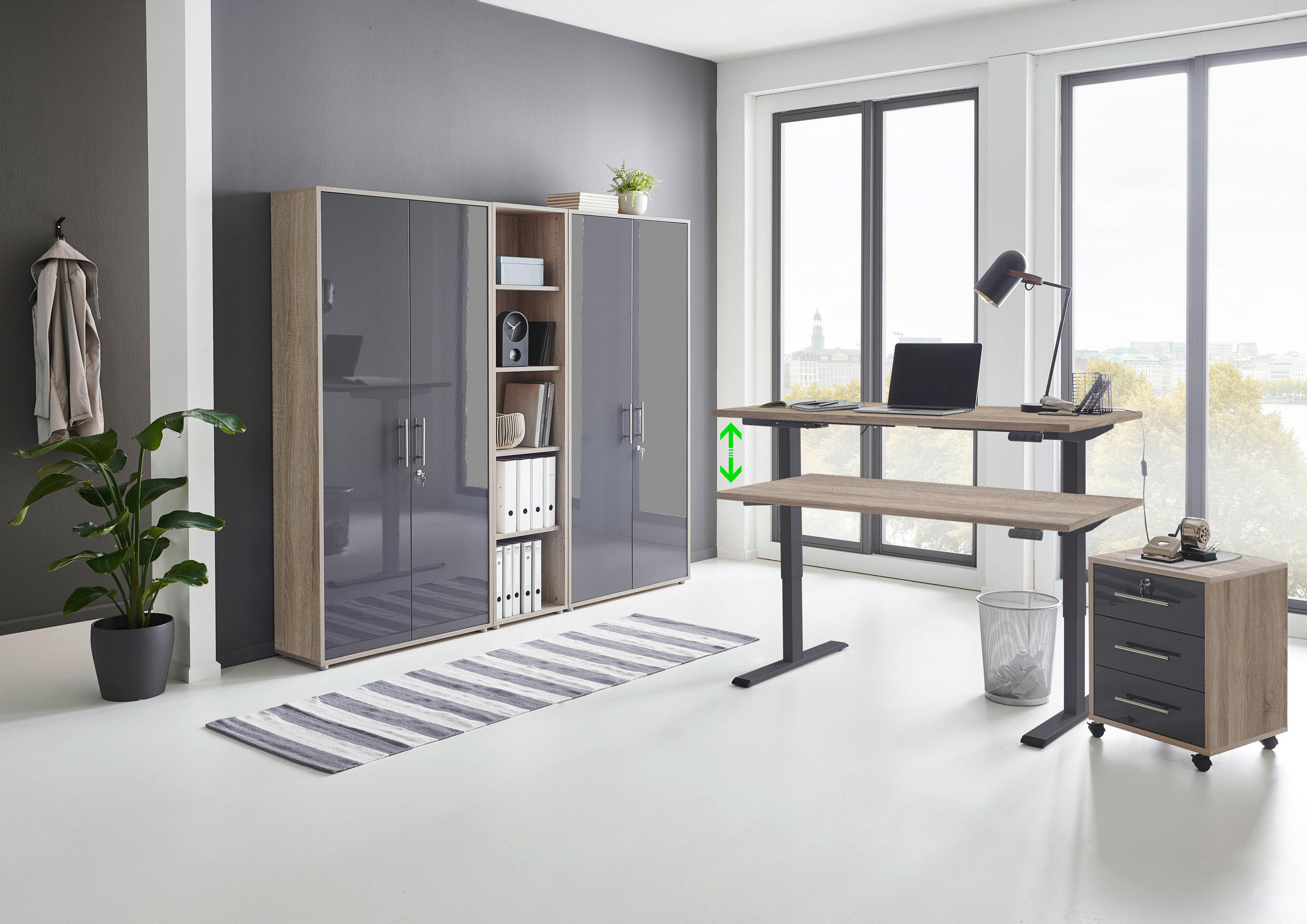 BÜRO erweiterbar, abschließbar Sonoma Eiche, Anthrazit Hochglanz - Anthrazit Hochglanz/Sonoma Eiche, MODERN, Holzwerkstoff/Metall - MID.YOU