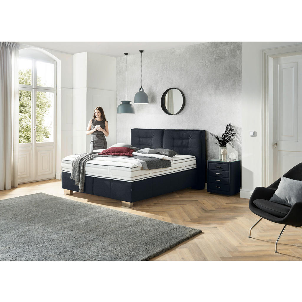 Thumbnail - Dieter Knoll Boxspringbett, Dunkelblau, Textil, H2 + H3, 7-Zonen, Höhe ca. 27 cm, 180x200 cm, gepolstertes Kopfteil, Sto...