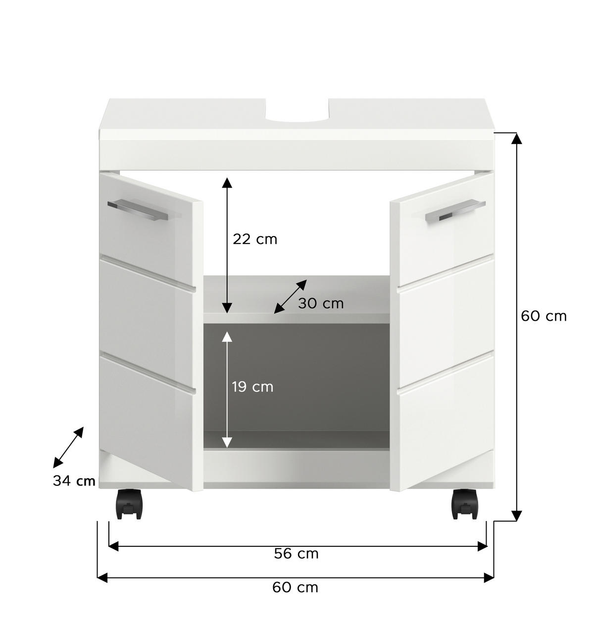 WASCHBECKENUNTERSCHRANK  - Weiß Hochglanz/Silberfarben, Trend, Holzwerkstoff/Kunststoff (60cm) - MID.YOU