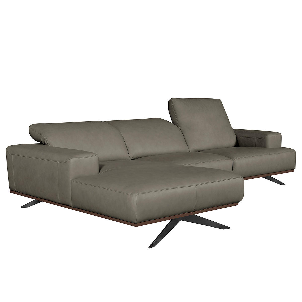 ECKSOFA  in Echtleder Grau Rücken echt, Kopfteilverstellung  187/295 cm  - Schwarz/Grau, Design, Leder/Metall (187/295cm) - Livetastic