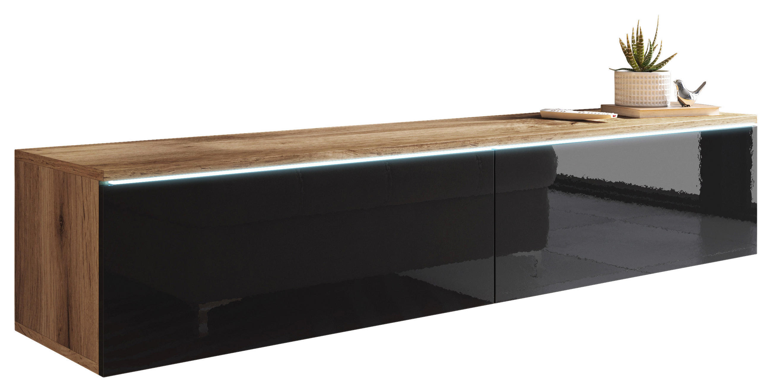 P & B Nízka komoda s LED, dub wotan, čierna s vysokým leskom, 140/30/33 cm