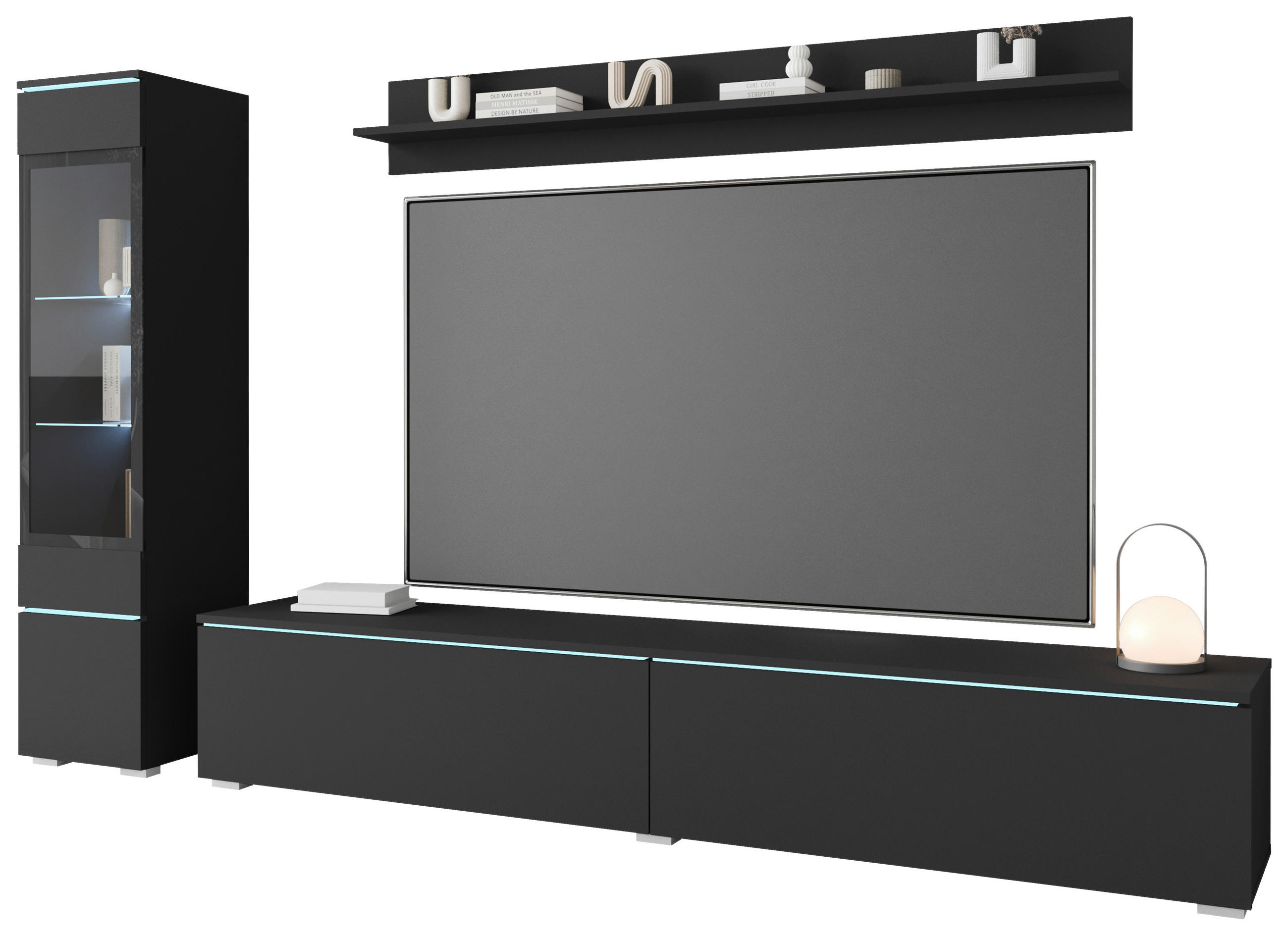 WOHNWAND Vera 3-teilig  in Graphitfarben  210/130/33 cm  - Schwarz/Graphitfarben, Basics, Glas/Holzwerkstoff (210/130/33cm) - P & B