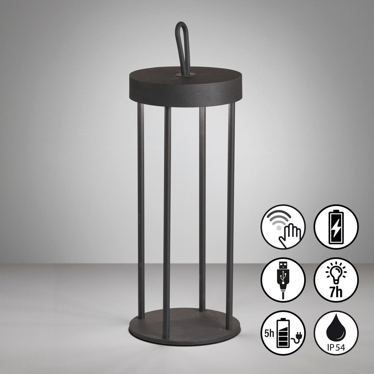 AKKU-TISCHLEUCHTE Kante 13/36 cm   - Schwarz, KONVENTIONELL, Metall (13/36cm)