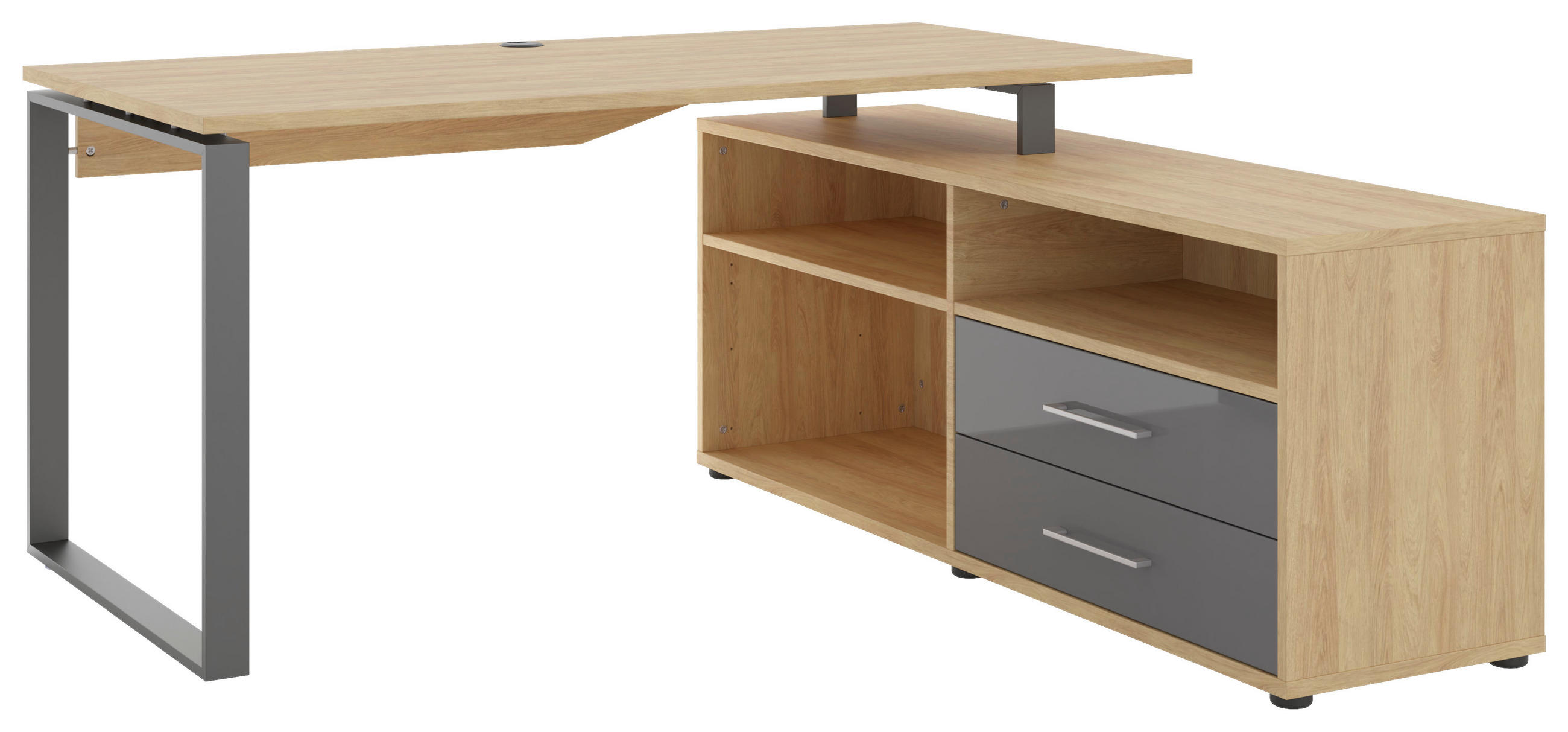 ECKSCHREIBTISCH 160/158/75 cm  in Anthrazit, Hickory  - Anthrazit/Alufarben, Basics, Holzwerkstoff/Metall (160/158/75cm) - Novel