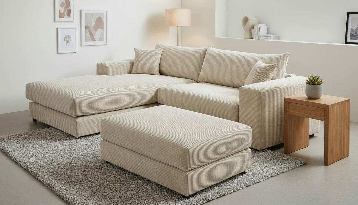 ECKSOFA  Cord, Velours Creme  - Creme/Schwarz, Basics, Kunststoff/Textil (180/265cm) - Livetastic
