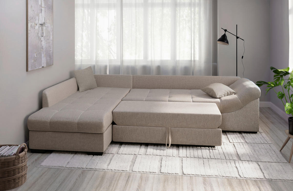 ECKSCHLAFSOFA in Mikrofaser Taupe  - Taupe/Schwarz, MODERN, Holz/Textil (202/298cm) - MID.YOU