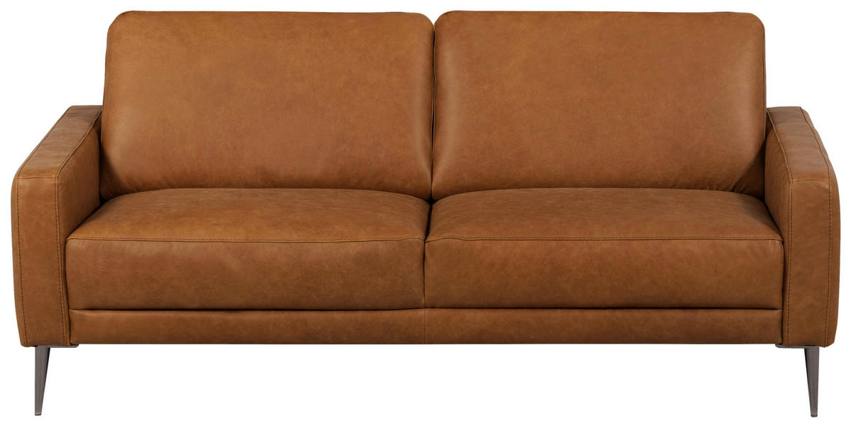 2-SITZER-SOFA SPRING Cognac Echtleder  - Cognac/Schwarzchrom, Design, Leder/Metall (157/85/92cm) - Livetastic
