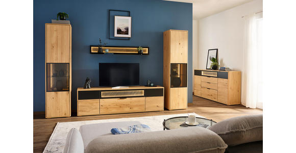 WOHNWAND  in Eiche Bianco, Schwarz  320/197,6/42 cm  - Eiche Bianco/Schwarz, Natur, Glas/Holz (320/197,6/42cm) - Linea Natura