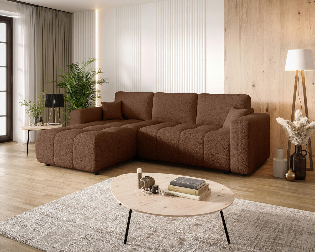 ECKSOFA Rostfarben Bouclé Zierkissen, Rückenkissen, Bettkasten, Schlaffunktion, Rücken echt, Liegefläche im Originalstoff  - Rostfarben/Schwarz, MODERN, Kunststoff/Textil (190/280cm) - Carryhome