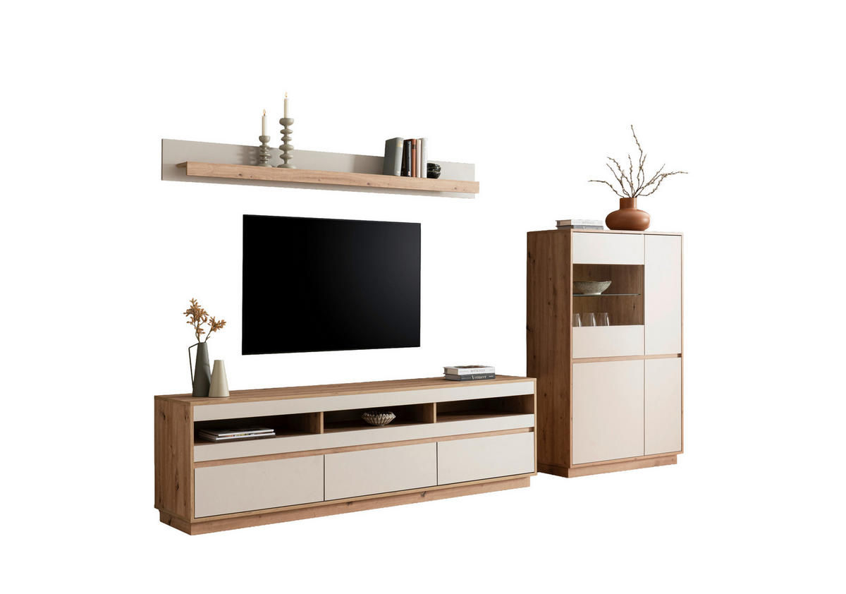 WOHNWAND 3-teilig  in Eiche Artisan  292/205/40 cm  - Kaschmir/Eiche Artisan, Design, Glas/Holzwerkstoff (292/205/40cm) - MID.YOU