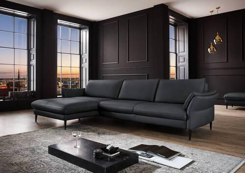 ECKSOFA Anthrazit Echtleder  - Anthrazit/Schwarz, Design, Leder/Metall (172/334cm) - Hukla