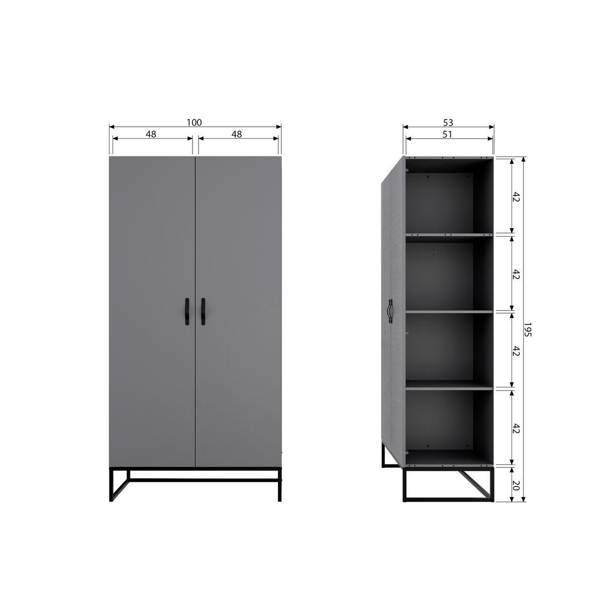 DREHTÜRENSCHRANK 100/195/53 cm 2-türig Grau  - Schwarz/Grau, Design, Leder/Holz (100/195/53cm) - Livetastic