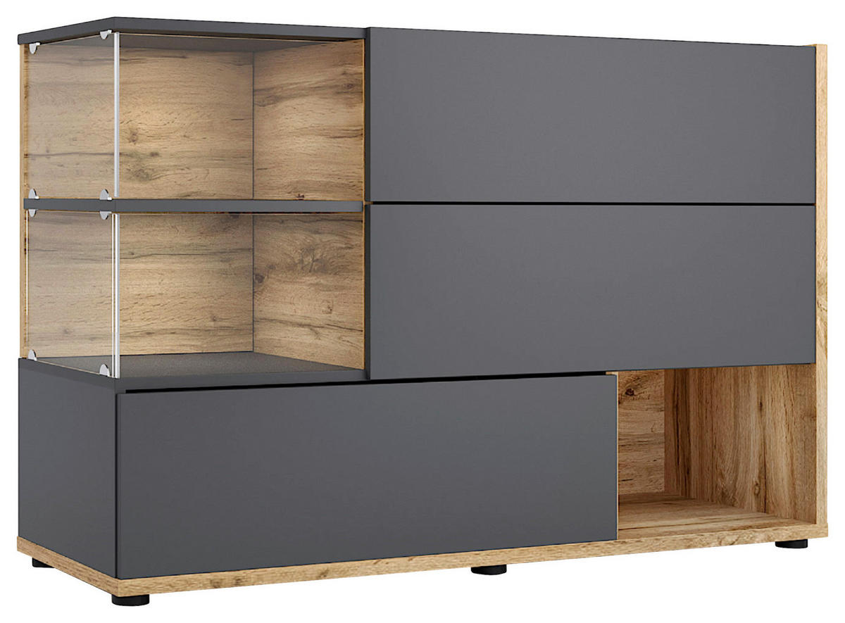 KOMODA, antracitová, dub wotan, 120/77/40 cm - čierna/dub wotan, Design, kompozitné drevo/plast (120/77/40cm) - MID.YOU