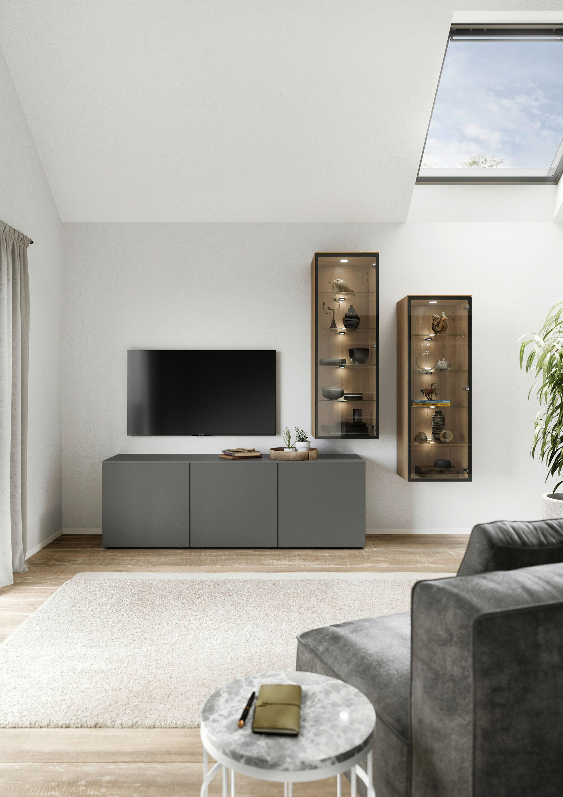 WOHNWAND  in Grau, Eichefarben  255,3/205,2/48,5 cm  - Eichefarben/Grau, Design, Glas/Holzwerkstoff (255,3/205,2/48,5cm) - Celina Home