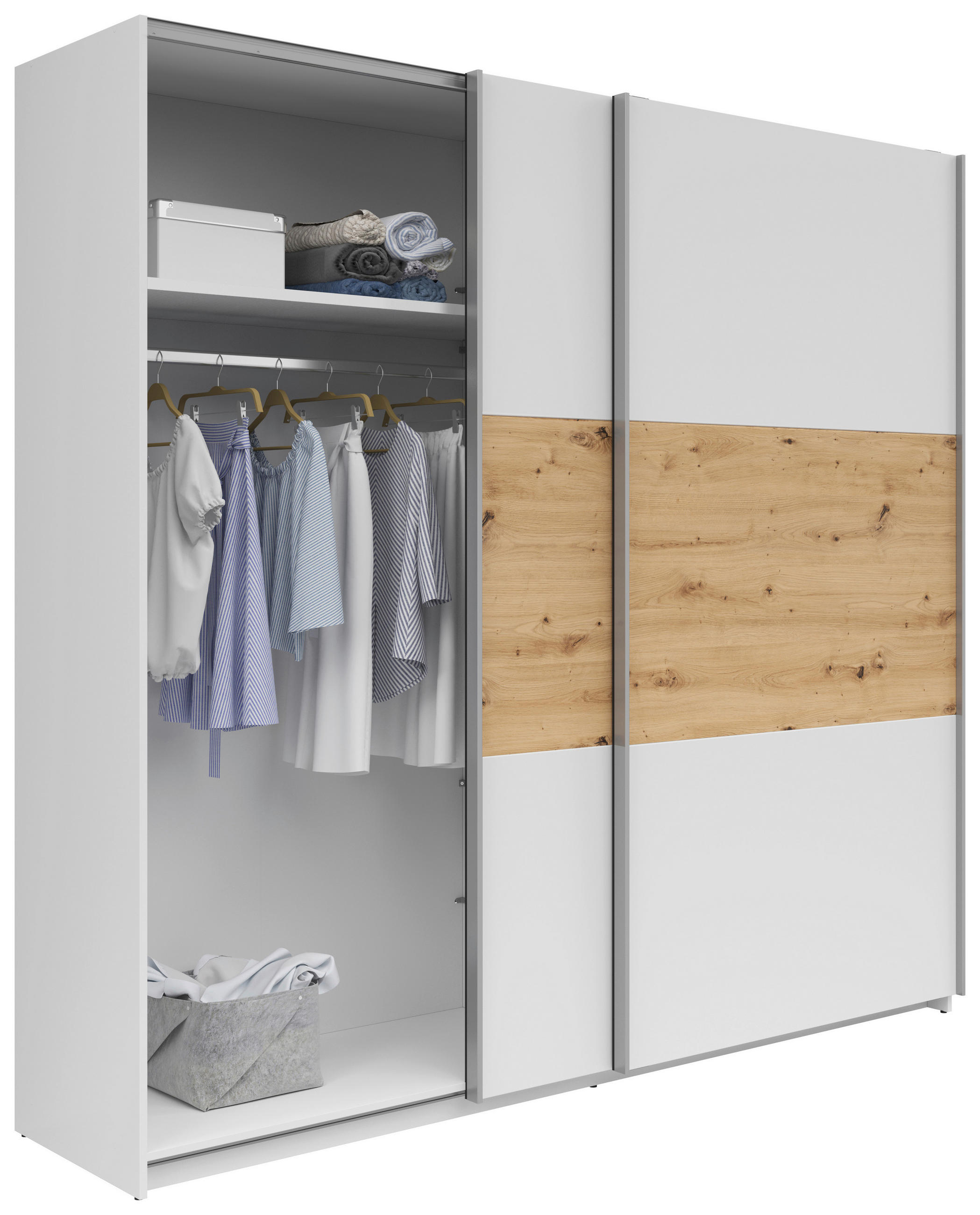 SCHWEBETÜRENSCHRANK 218/210/59 cm 2-türig Weiß, Eiche Artisan  - Silberfarben/Weiß, KONVENTIONELL, Holzwerkstoff/Metall (218/210/59cm)