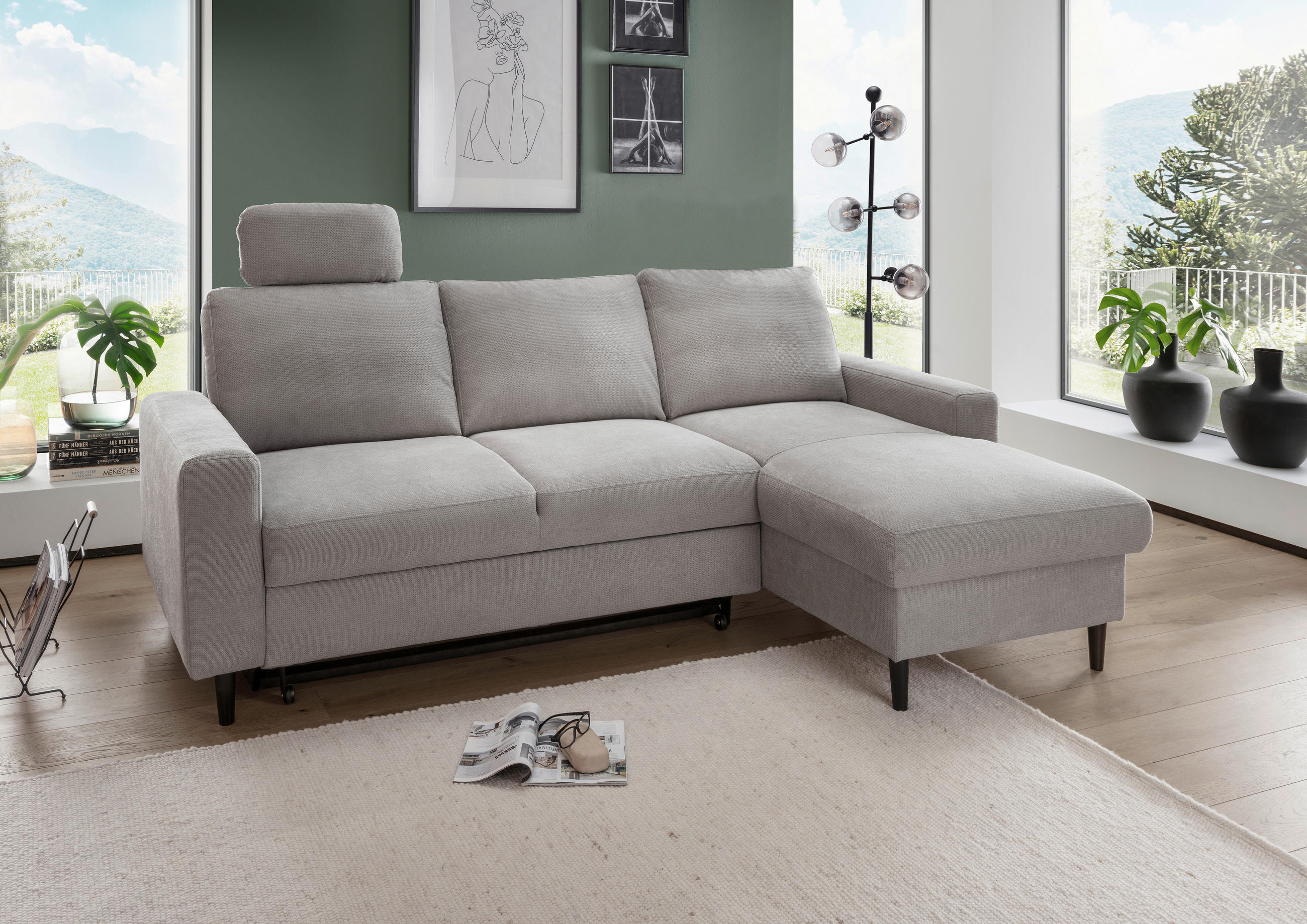 ECKSCHLAFSOFA in Chenille Grau  - Schwarz/Grau, MODERN, Holz/Textil (234/147cm) - Livetastic