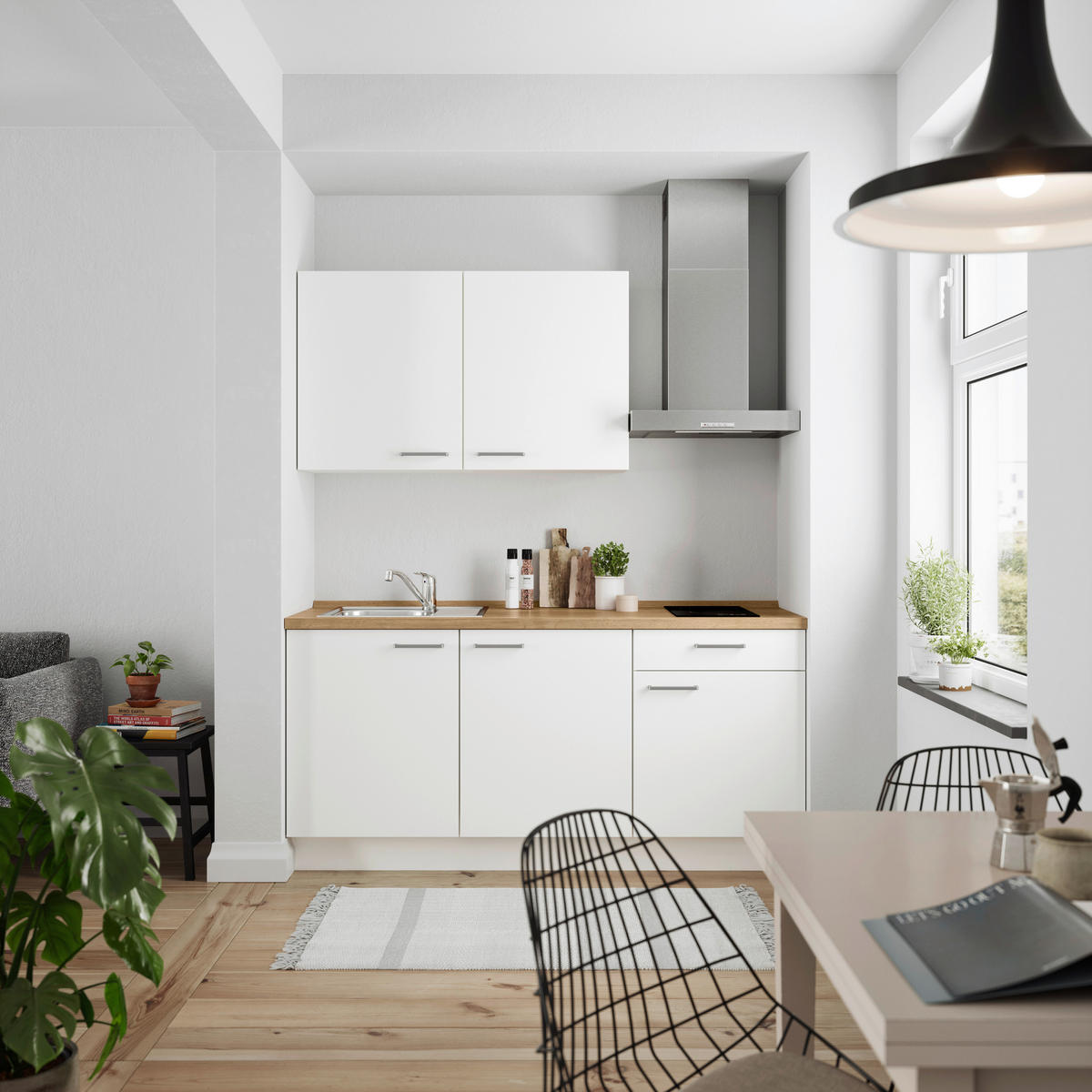 KÜCHENBLOCK 180 cm   in Eichefarben, Weiß Hochglanz  - Edelstahlfarben/Eichefarben, MODERN, Holzwerkstoff/Metall (180cm) - Nobilia