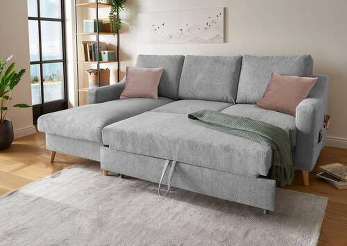 ECKSOFA Grau Mikrofaser  - Dunkelrosa/Naturfarben, Design, Holz/Textil (150/228cm) - MID.YOU