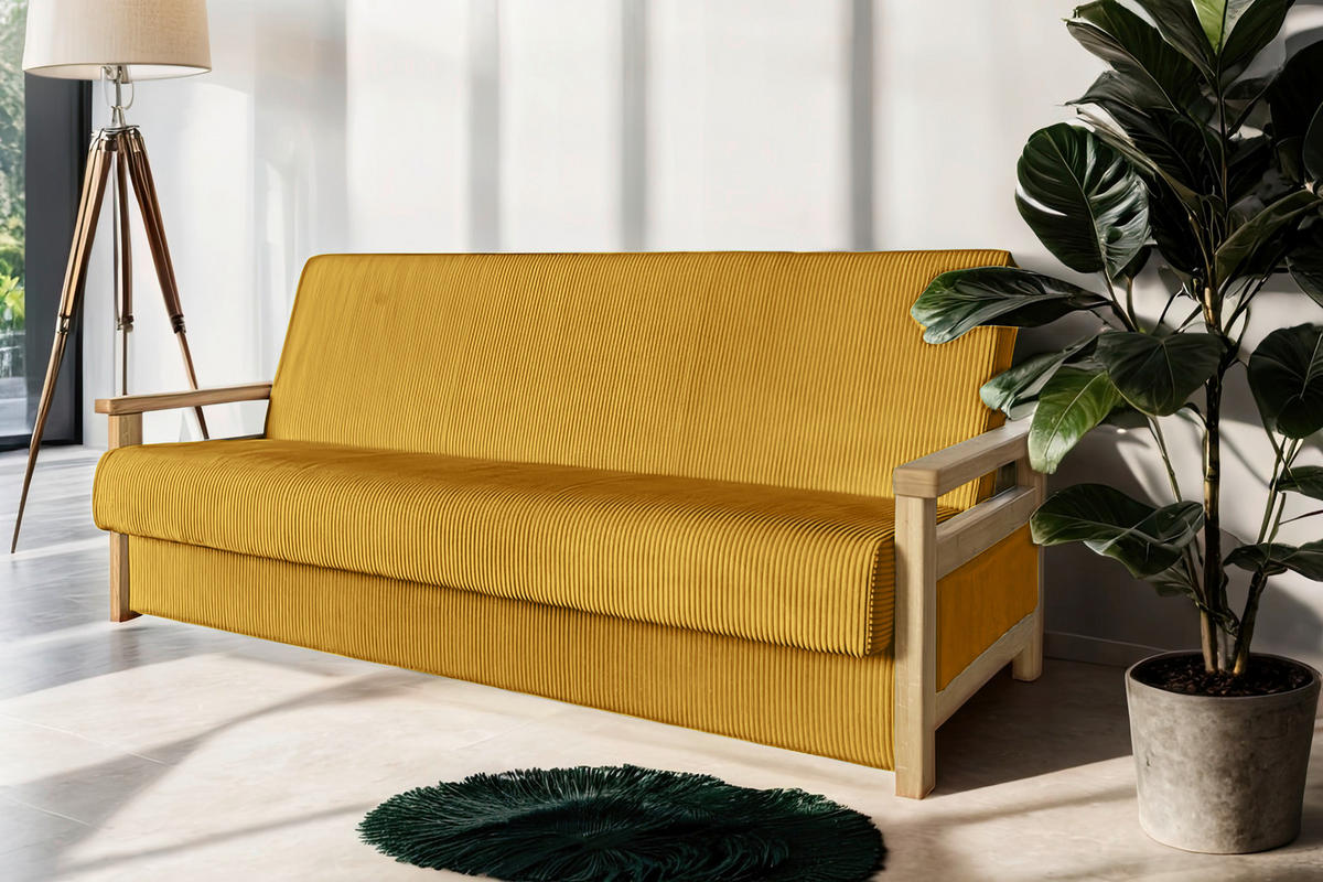SCHLAFSOFA in Cord Senfgelb  - Senfgelb/Naturfarben, Design, Holz/Textil (220/90/90cm) - P & B