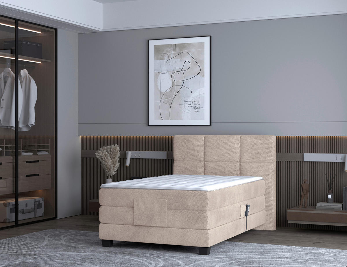BOXSPRINGBETT 120/200 cm,  in Beige, Matratze, Topper, motorische Verstellbarkeit, Fernbedienung, H3 = fest  - Beige/Schwarz, KONVENTIONELL, Holz/Kunststoff (120/200cm) - Chameo