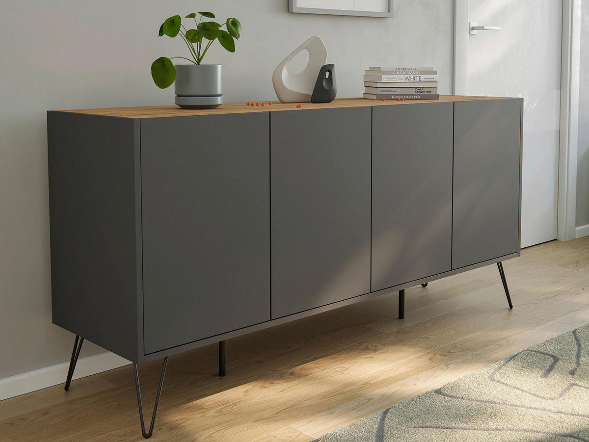 SIDEBOARD Posseik Industrial 155/75,8/42 cm  - Eichefarben/Graphitfarben, Design, Holzwerkstoff/Metall (155/75,8/42cm) - P & B