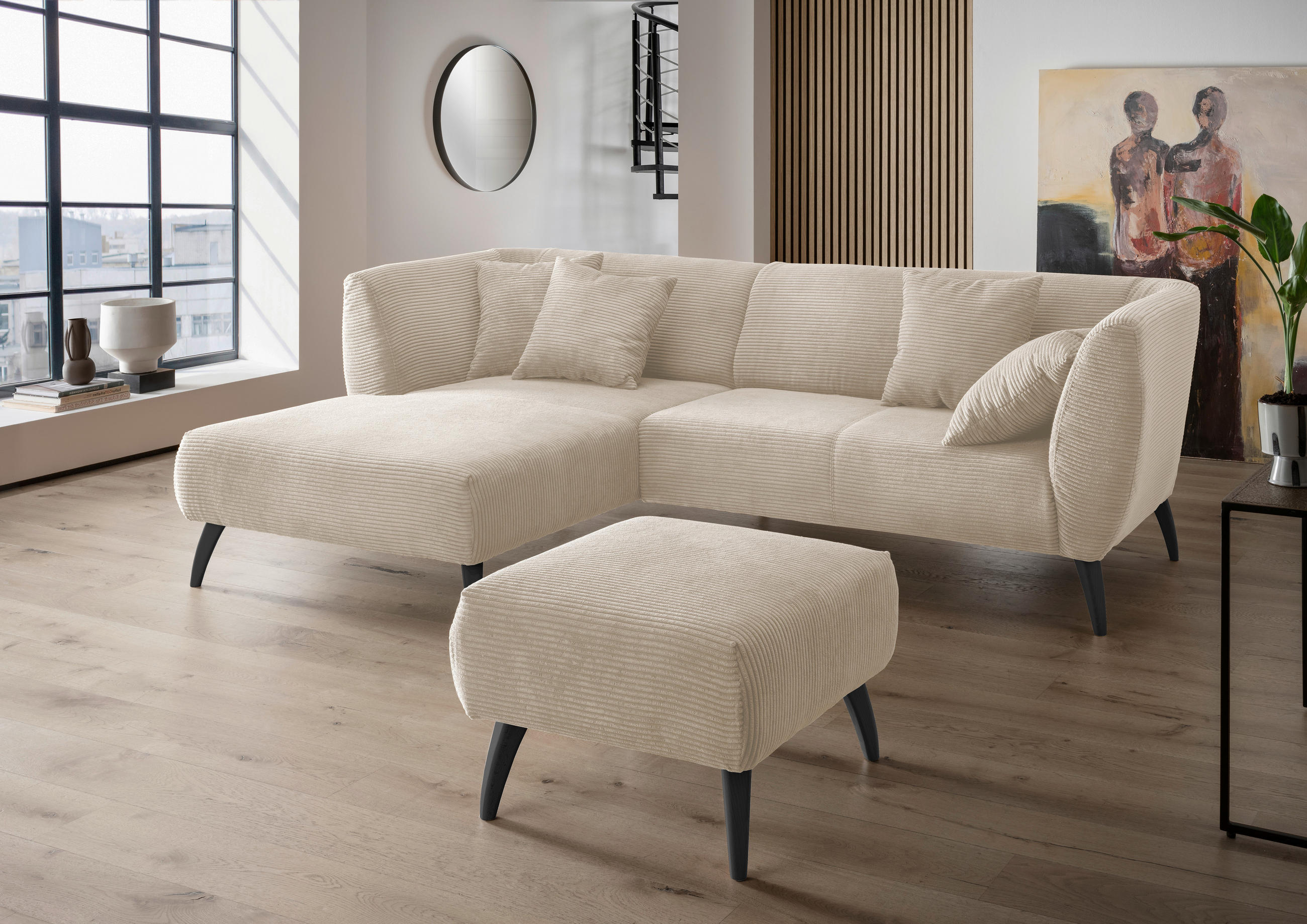 ECKSOFA in Cord Beige  - Beige/Schwarz, Modern, Holz/Textil (160/264cm) - MID.YOU
