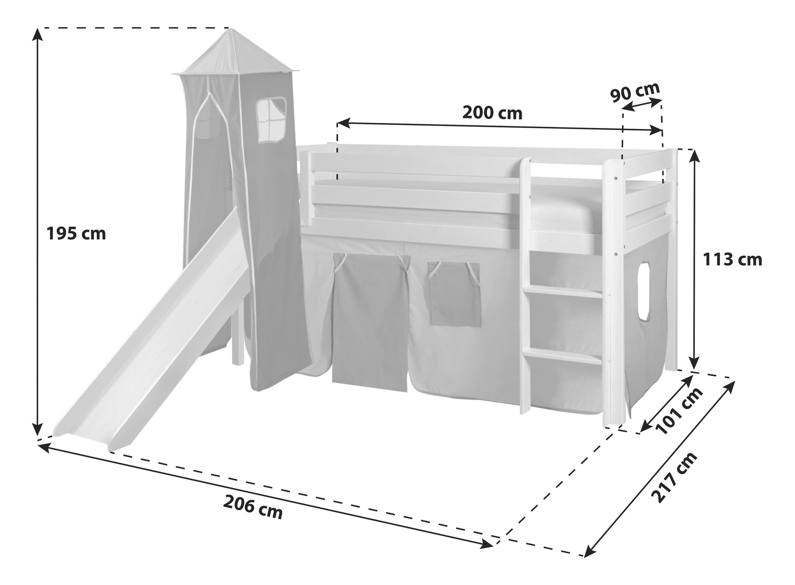 SPIELBETT Absturzsicherung, Leiter, Rutsche, Turm, Vorhang  in Kieferfarben, Hellblau, Dunkelblau  - Dunkelblau/Kieferfarben, Natur, Holz (90/200cm) - MID.YOU
