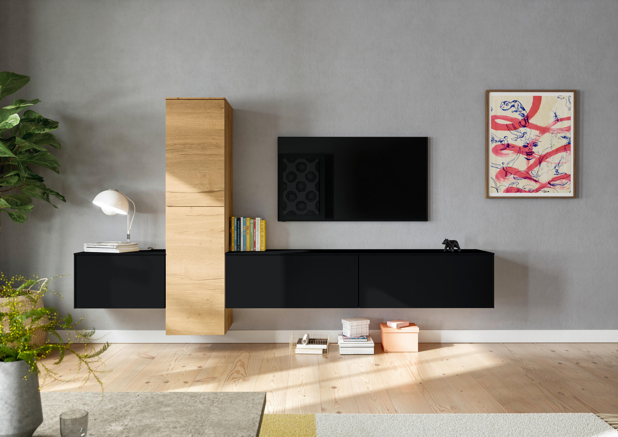 WOHNWAND  in Schwarz, Eichefarben  282/160/37 cm  - Eichefarben/Schwarz, Design, Holzwerkstoff (282/160/37cm) - Celina Home