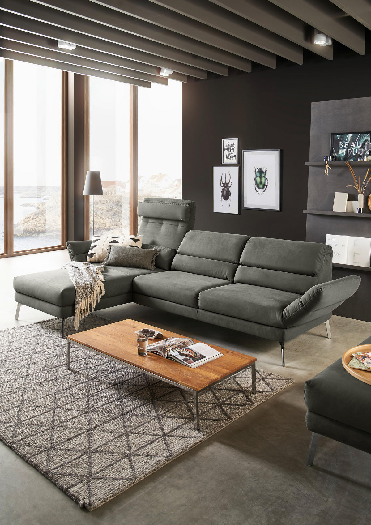 ECKSOFA in Mikrofaser Graphitfarben  - Chromfarben/Graphitfarben, Design, Textil/Metall (176-217/279-327cm) - Dieter Knoll