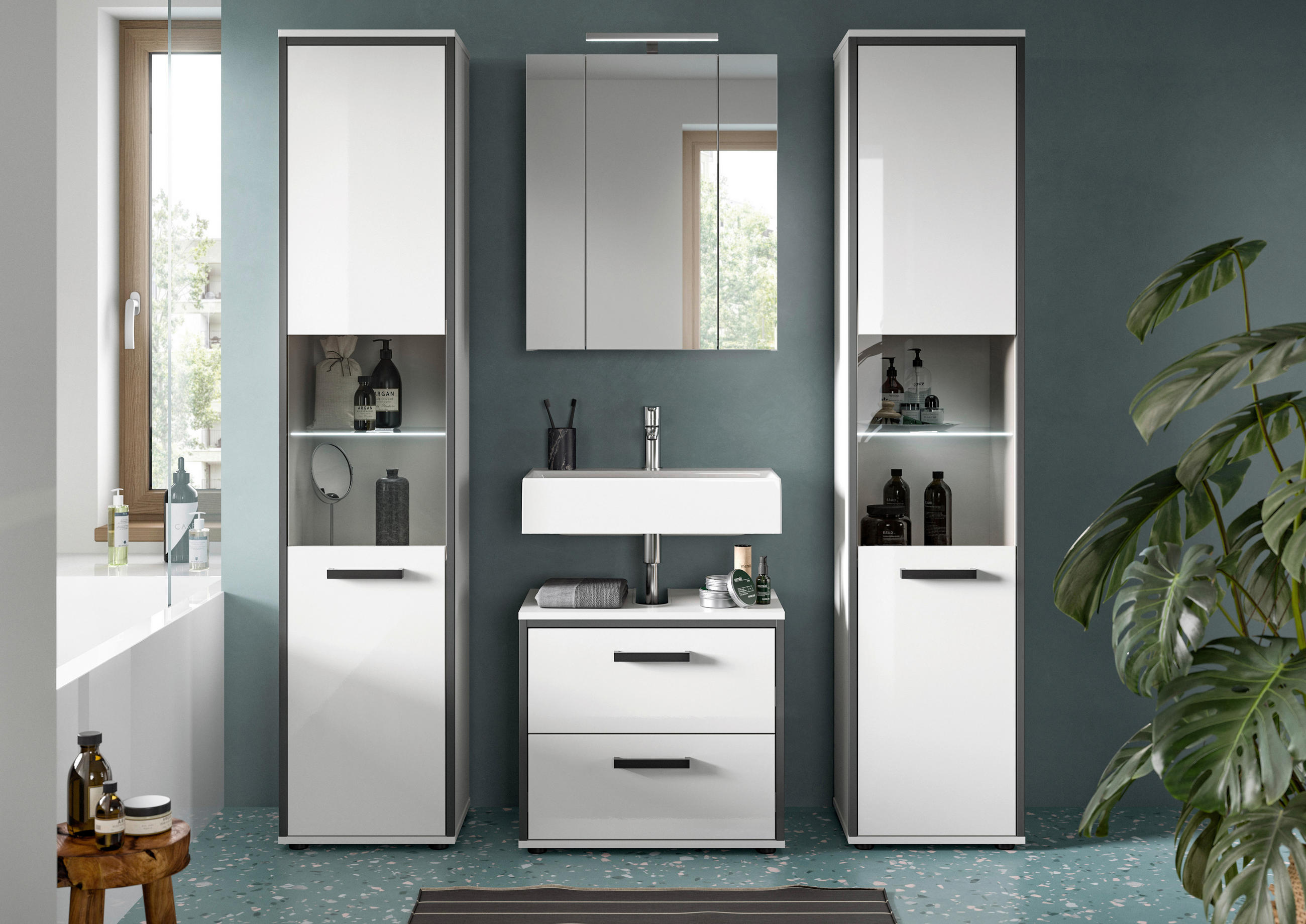 BADEZIMMER 4-teilig  in 140 cm  - Weiß Hochglanz/Schwarz, MODERN, Holzwerkstoff/Kunststoff (140cm) - MID.YOU