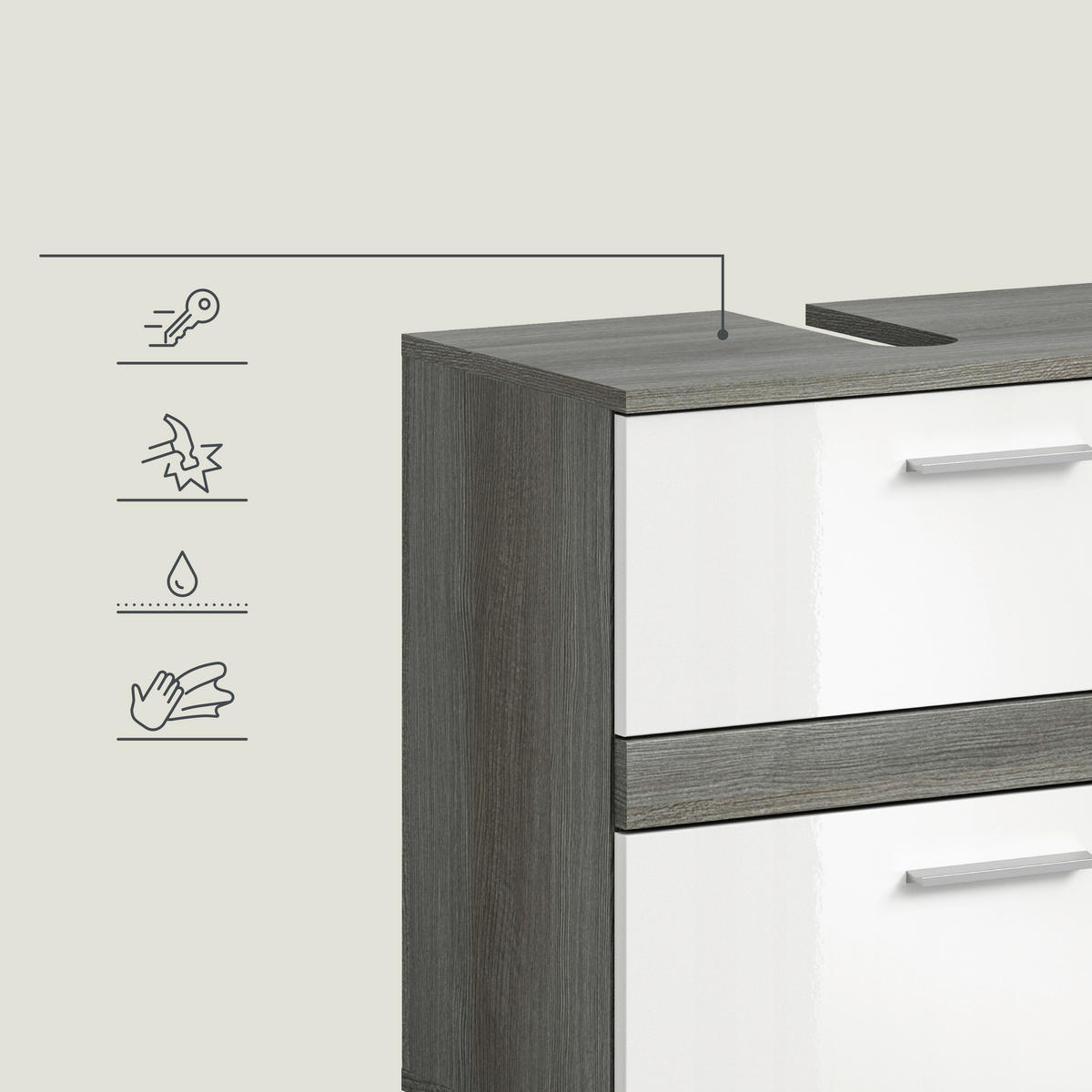 KUPAONICA  bijela visoki sjaj  - boje srebrnog hrasta/srebrne boje, Trend, staklo/drvni materijal (145cm) - MID.YOU