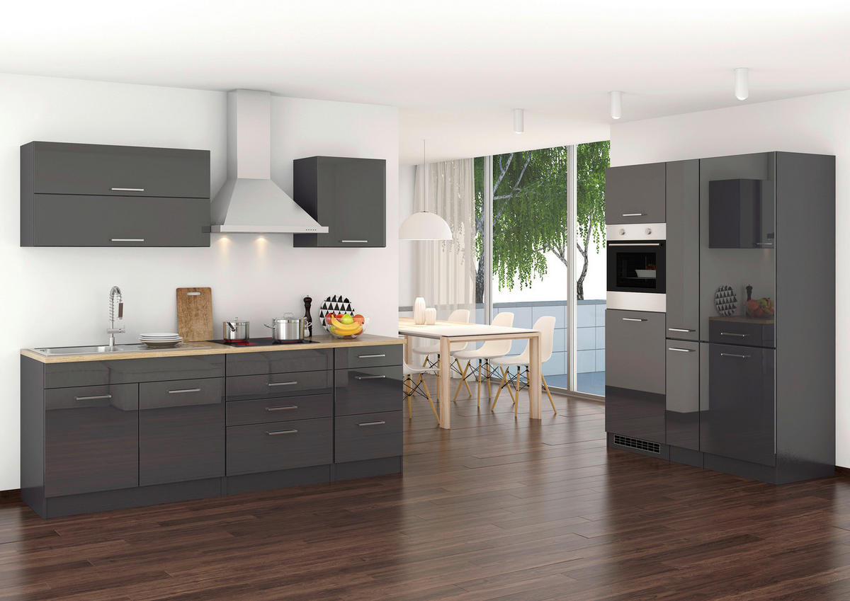 KÜCHENBLOCK 230-150 cm   in Anthrazit, Anthrazit Hochglanz  - Chromfarben/Eichefarben, MODERN, Holzwerkstoff/Metall (230-150cm) - Held