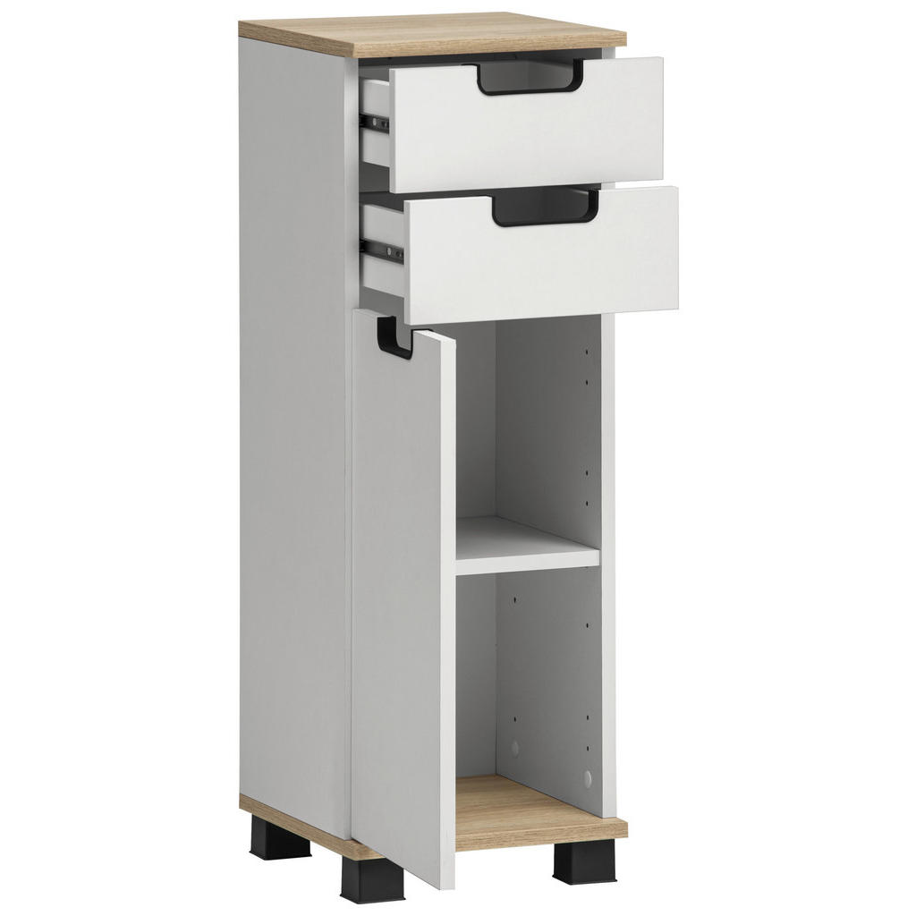 Thumbnail - Stylife Midischrank Emmik, Weiß, Eiche, Kunststoff, 1 Fächer, 2 Schubladen, 30.8x88.1x32.6 cm, Made in Germany, stehend,...