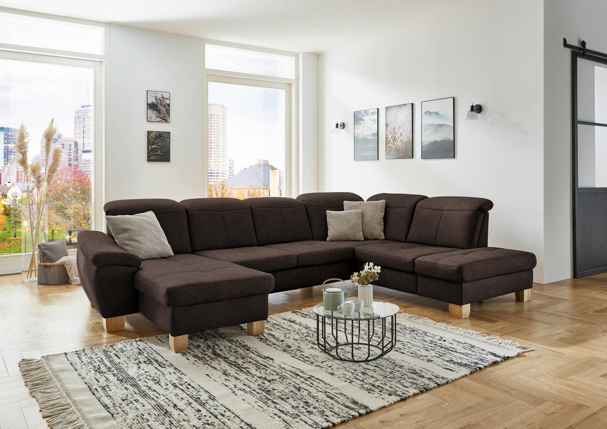 WOHNLANDSCHAFT Dunkelbraun Mikrofaser  - Wildeiche/Dunkelbraun, KONVENTIONELL, Holz/Textil (185/343/243cm) - Voleo