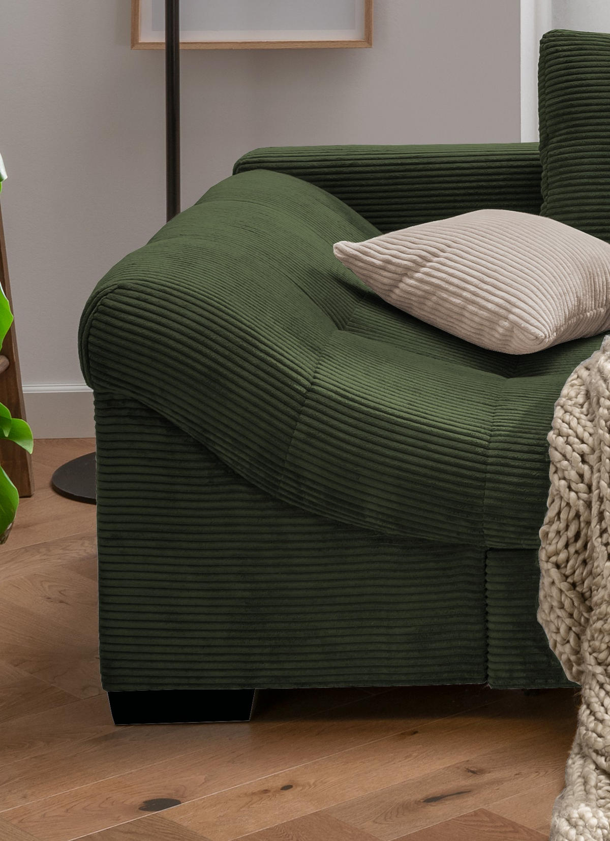 ECKSOFA Dunkelgrün Cord  - Dunkelgrün/Beige, Design, Holz/Textil (298/202cm) - MID.YOU