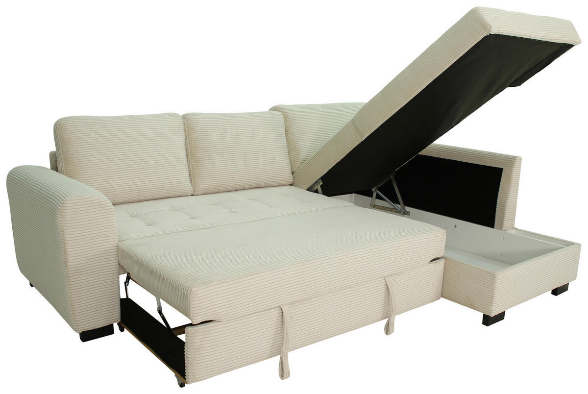 ECKSOFA JOHN Creme Cord Rückenkissen, Bettkasten, Liegefläche im Originalstoff  - Creme/Schwarz, Trend, Kunststoff/Textil (239/178cm) - P & B