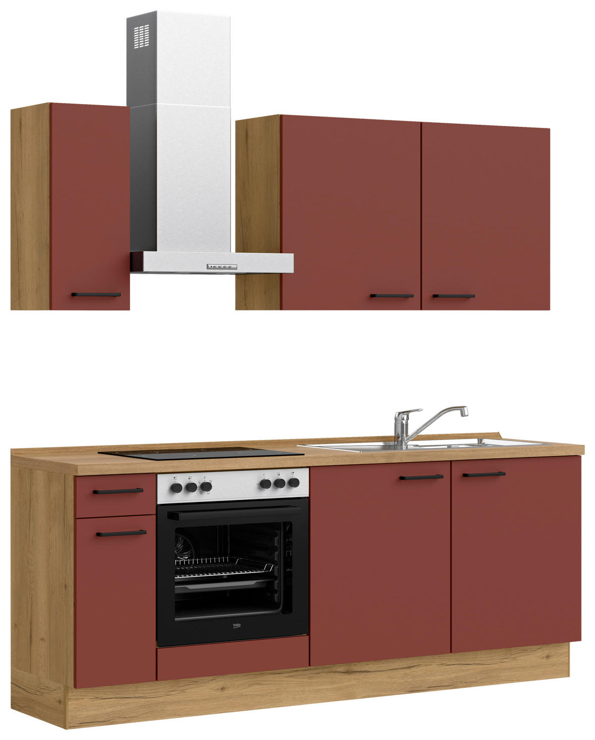 KÜCHENBLOCK Easytouch 210 cm  in Eichefarben, Dunkelrot  - Eichefarben/Schwarz, MODERN, Holzwerkstoff/Metall (210cm) - Nobilia