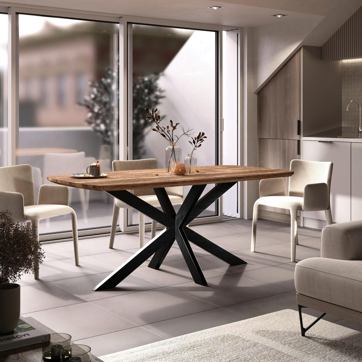 JEDILNA MIZA, masivno mangov les rjava, bežrjava  - bežrjava/črna, Konvencionalno, kovina/les (180/90/77cm) - MID.YOU