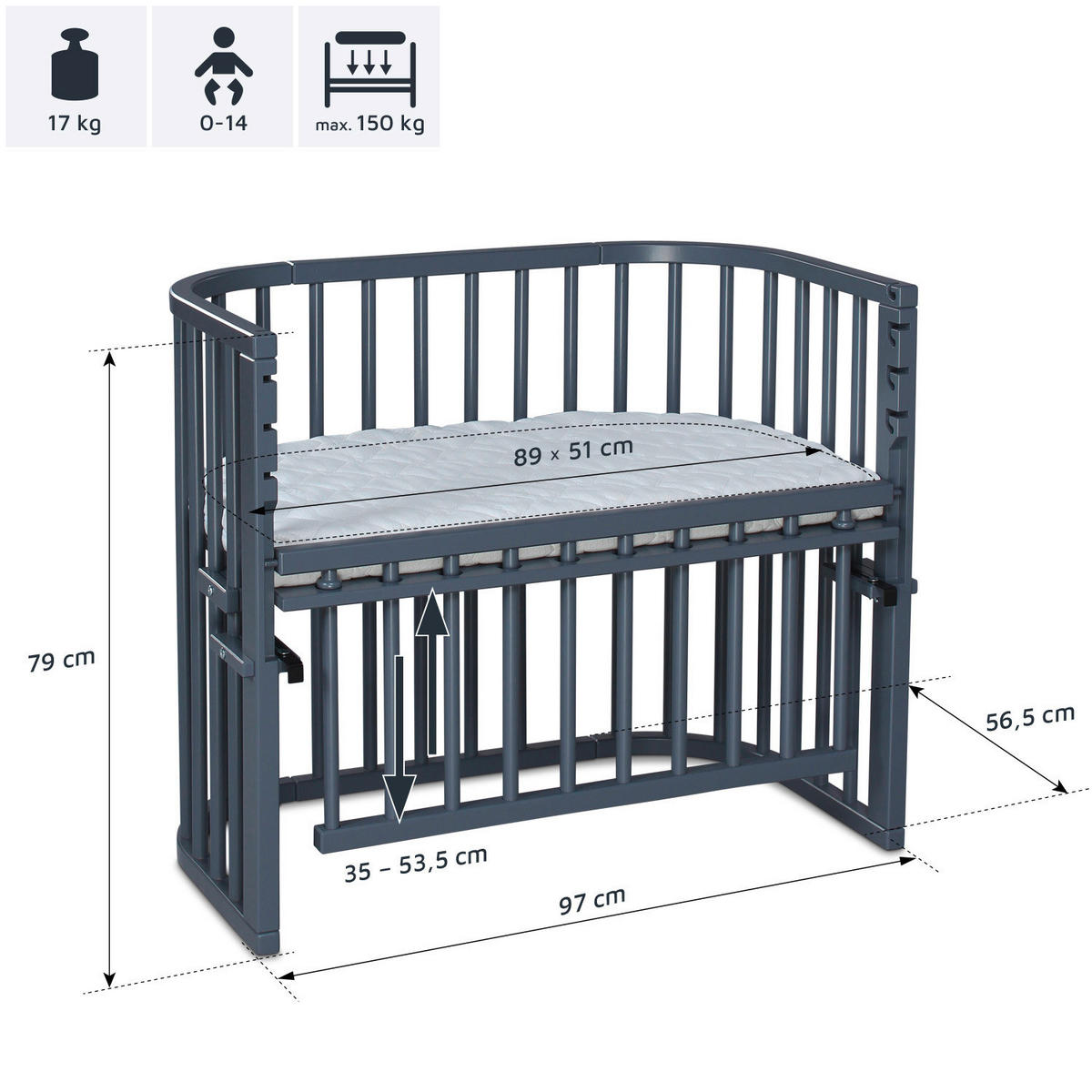 BEISTELLBETT Maxi Comfort Plus   - Schieferfarben/Grau, Basics, Holz (56,5/79/96cm) - Babybay